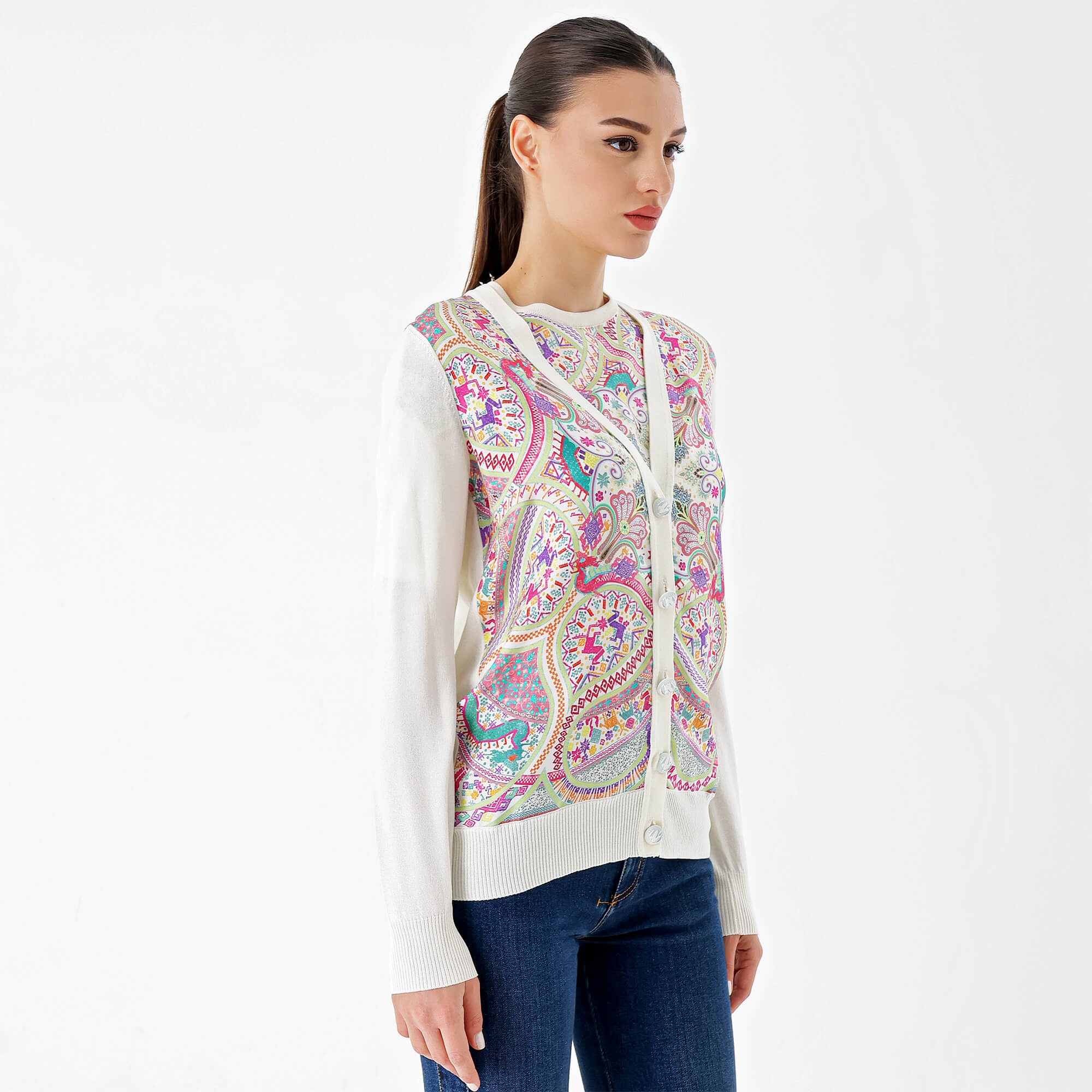 Etro-White&Pink Silk Front Knit Cardigan and T-Shirt Set